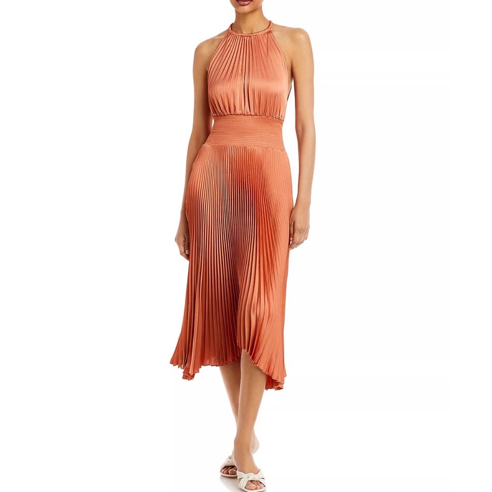 Renzo II Satin Pleated Dress Burnt Terracotta